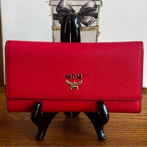 MCM LONG SAFFIANO LEATHER TRIFOLD WALLET - PINK/ORANGE